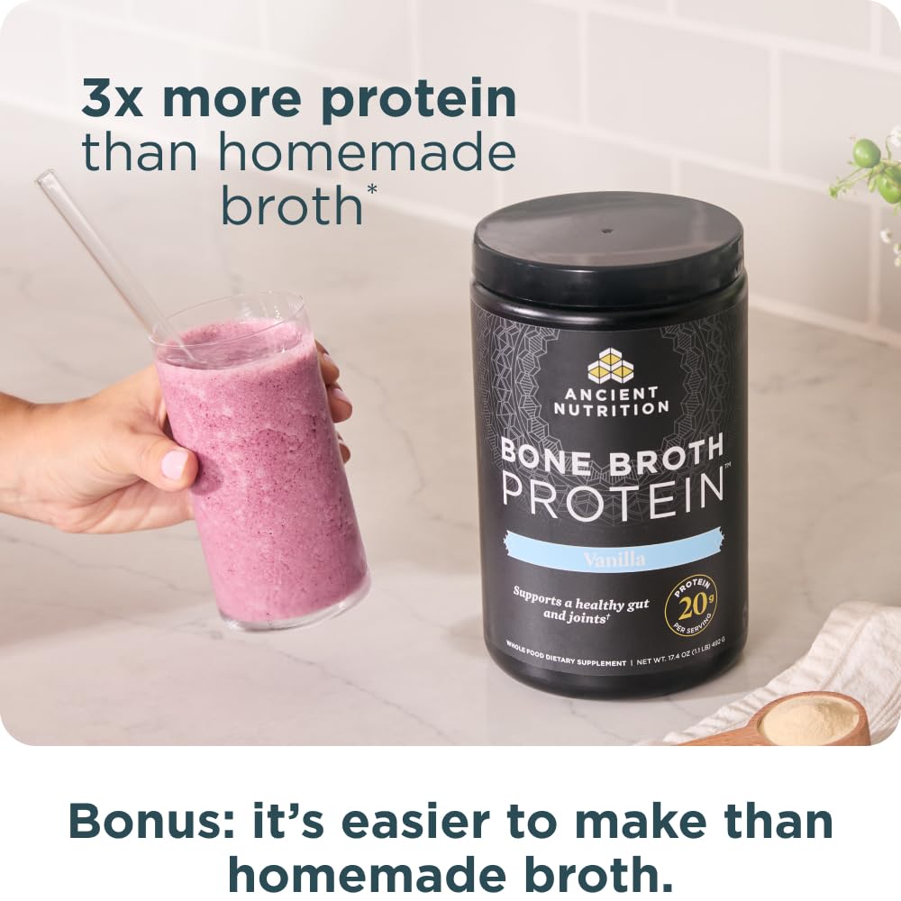 Ancient Nutrition Grass Fed, Cage Free, Bone Broth Protein Powder, 20g Protein, Hydrolyzed Collagen Peptides, Keto & Paleo Friendly, Supports Joint, Gut Health, Vanilla, 20 Servings