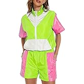 Yisfri Women's Color Block Windbreaker 2 Piece Outfits Short Sleeve Zip Front Elastic Waist Tracksuit Set