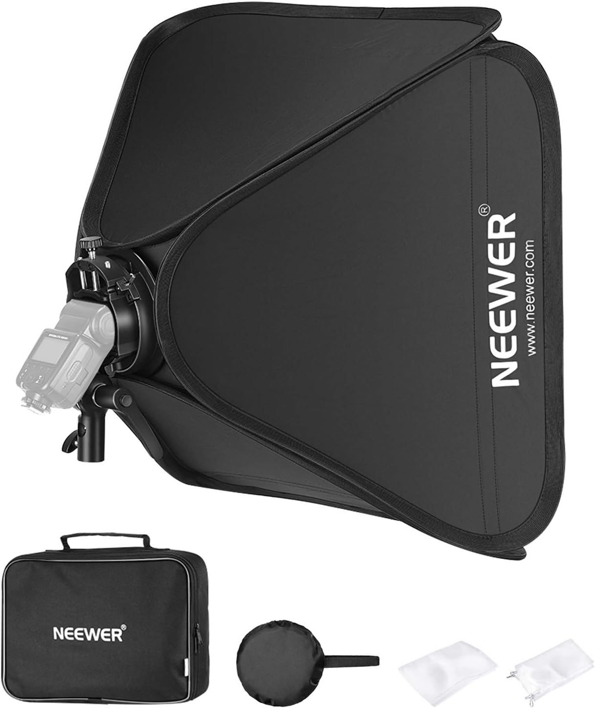 Neewer 24x24inches/60x60cm Bowens Mount Softbox + S2-Type Flash Bracket with Precise Tilt Control and Integrated Umbrella Mount Compatible with Neewer 750II NW670 Godox V1 AD200Pro AD400Pro AD200 etc