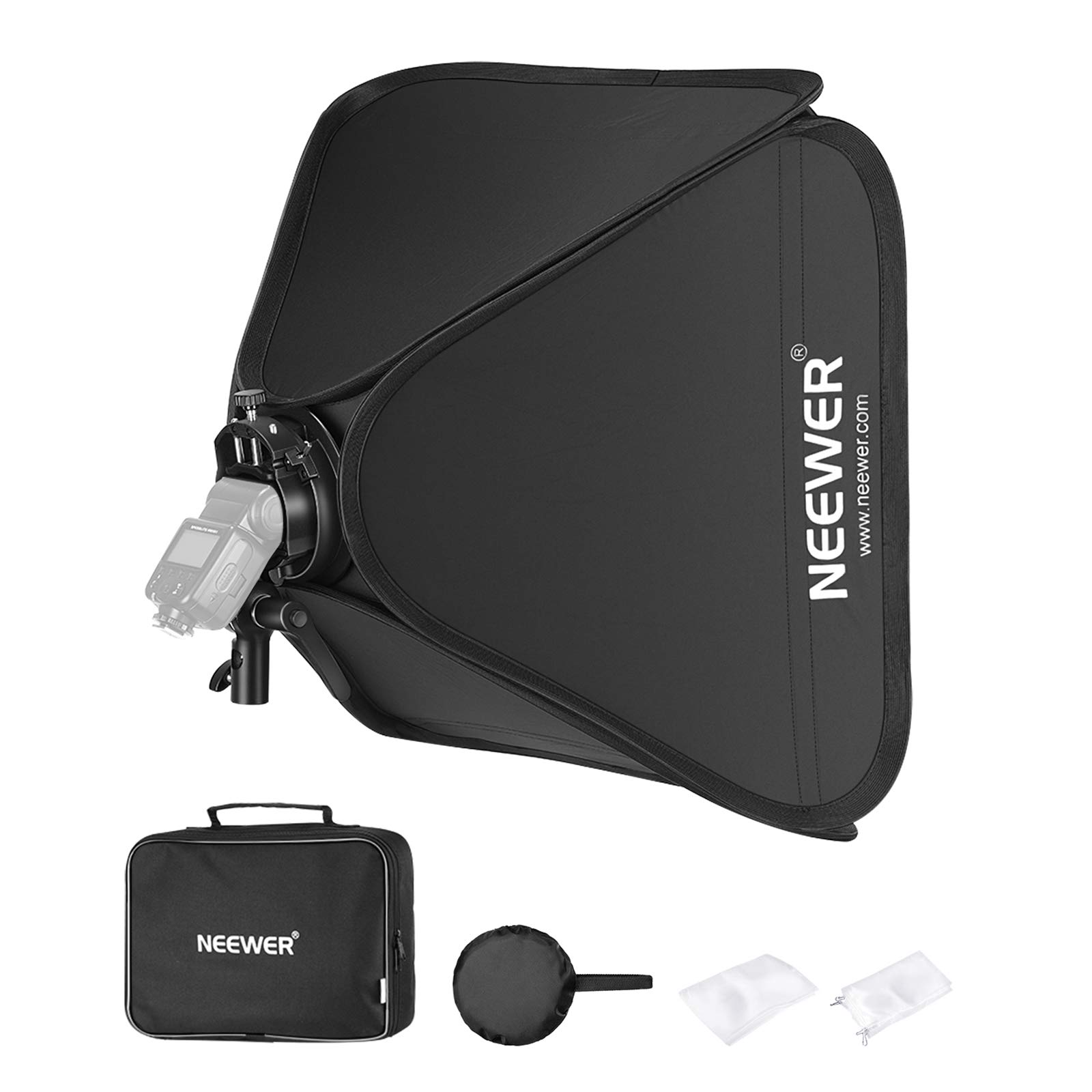 Neewer 24x24inches/60x60cm Bowens Mount Softbox + S2-Type Flash Bracket with Precise Tilt Control and Integrated Umbrella Mount Compatible with Neewer 750II NW670 Godox V1 AD200Pro AD400Pro AD200 etc