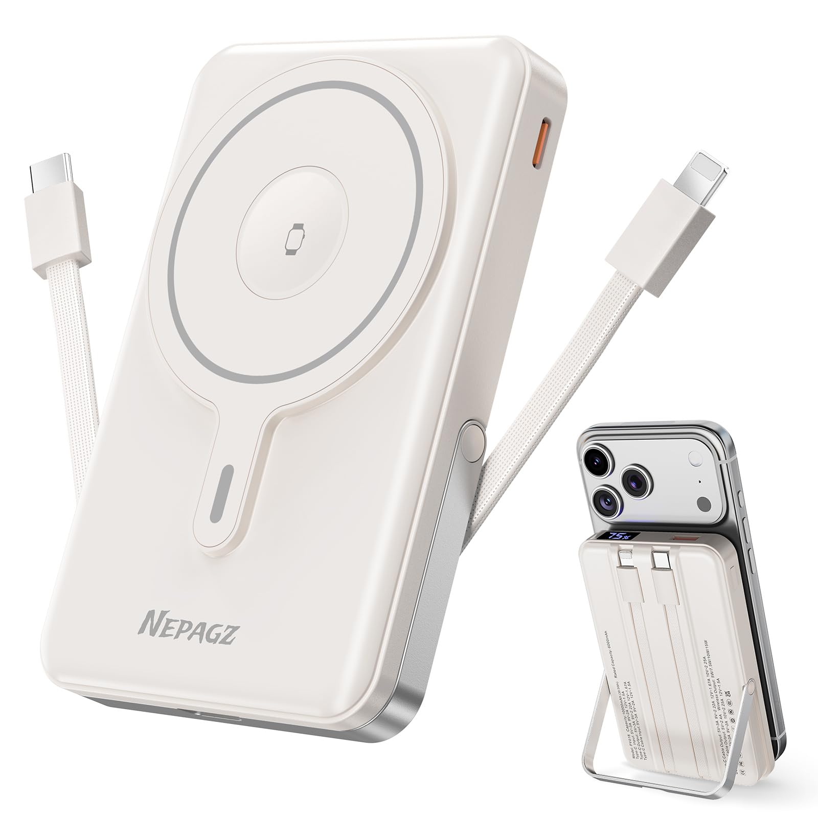Nepagz for Magsafe Portable Charger,10000mAh Magnetic Power Bank with Foldable Stand,PD22.5W Fast Charging with USB-C Cable,Wireless Portable Charger for iPhone 17/16/15/14/13/12 Series, Creamy White