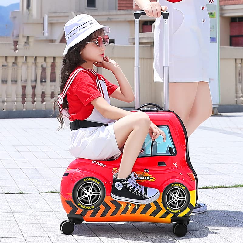 Kids Ride-On Luggage with Wheels Suitcase Fits to Toddler Aged 3-12 Years old （Red Car Checked-Large 25-Inch