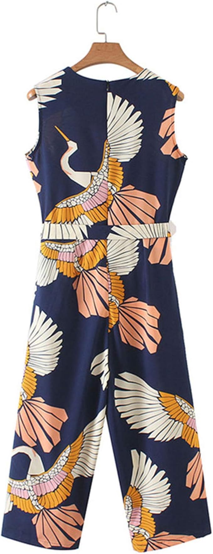cranes print belted wide leg jumpsuit