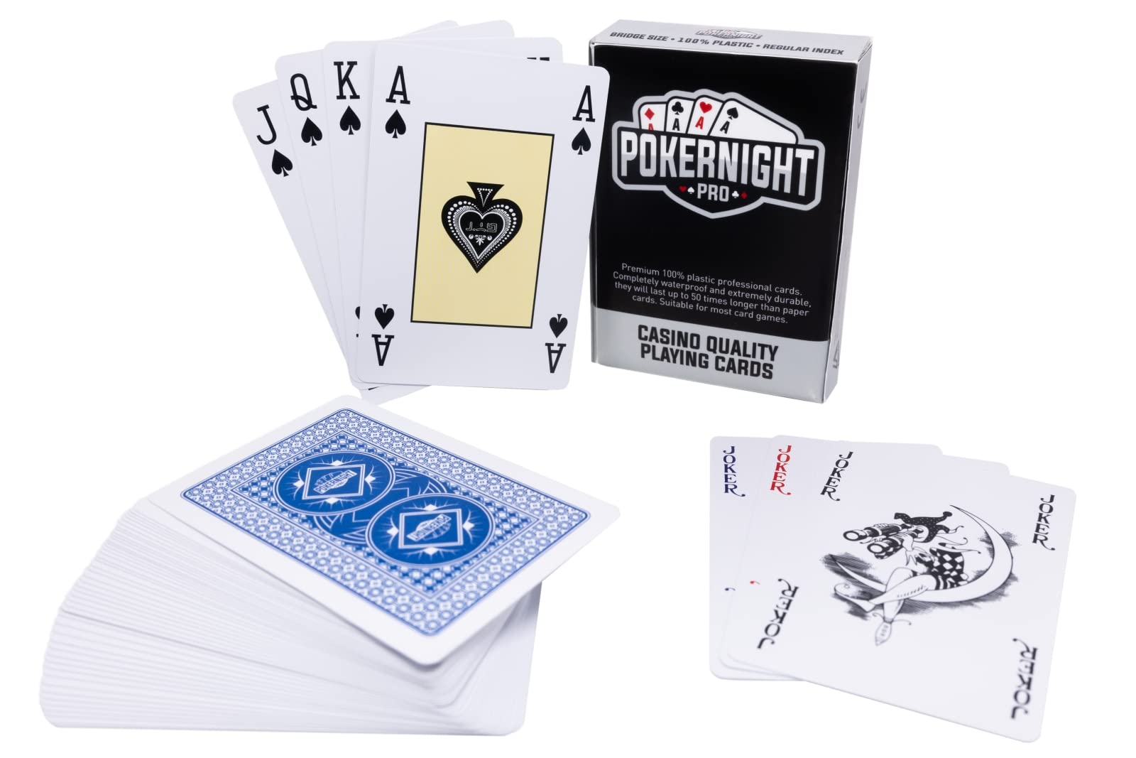 Poker Night Pro Deck of Playing Cards | UK Brand | Plastic 100% Waterproof (Blue Backs | Premium Deck | Bridge Rummy Canasta (3 Jokers)