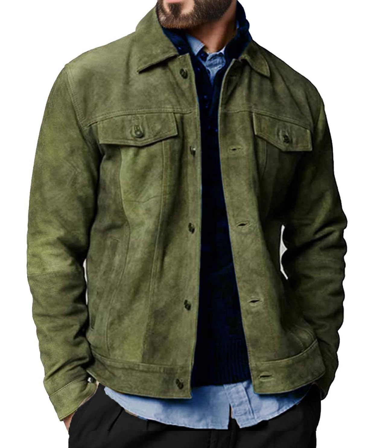 Photo 1 of Premium Vintage Trucker Suede Leather Jacket Men Genuine Lambskin Men Leather Jackets Shirt Collar Jackets For Mens (US, Alpha, X-Large, Regular, Regular, Olive Suede Leather)