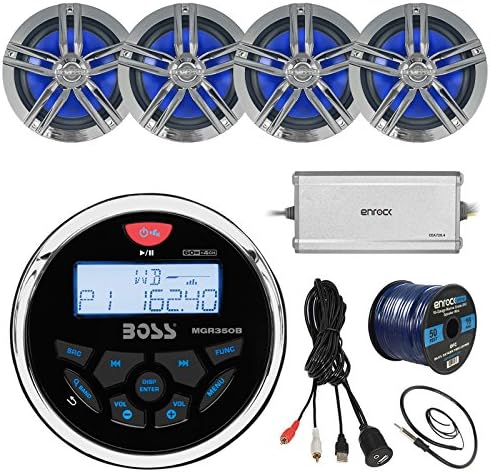 21' - 29' Pontoon Boat Marine System: Boss Bluetooth Receiver, 4 x 6.5 Water-Resistant Speakers (Charcoal), 4-Channel Amplifier, 50Ft Speaker Wire, Radio Antenna - 22", USB Aux Interface Mount