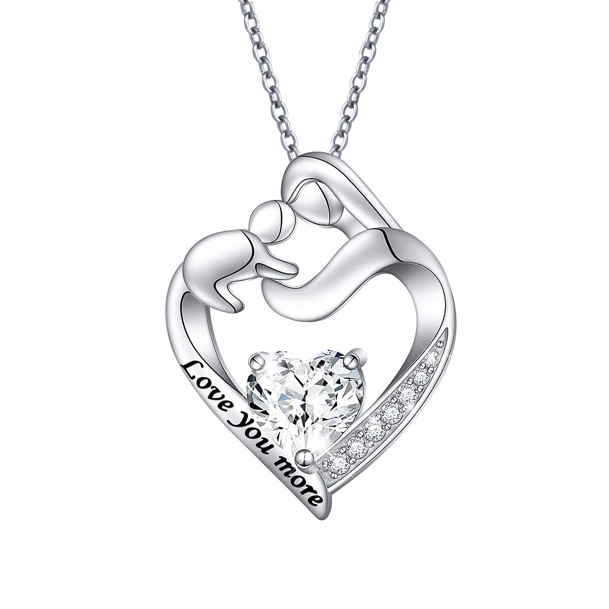 925 Sterling Silver Mother and Child Pendant With Message Love You More Cubic Zirconia Heart Necklace for Women Mother Daughter, Adjustable Silver Chain 18+2 Inches New Mum Gifts (Love You More) — image 1