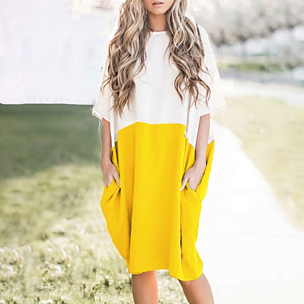 POTO Women Dresses, Loose Color Stitching Casual Dresses with Pockets Cotton Linen Tunic Dress Party Dress Beach Dress