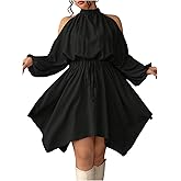 SweatyRocks Women's Cold Shoulder Swing Short Dresses Long Sleeve Shirred Asymmetrical A Line Dress