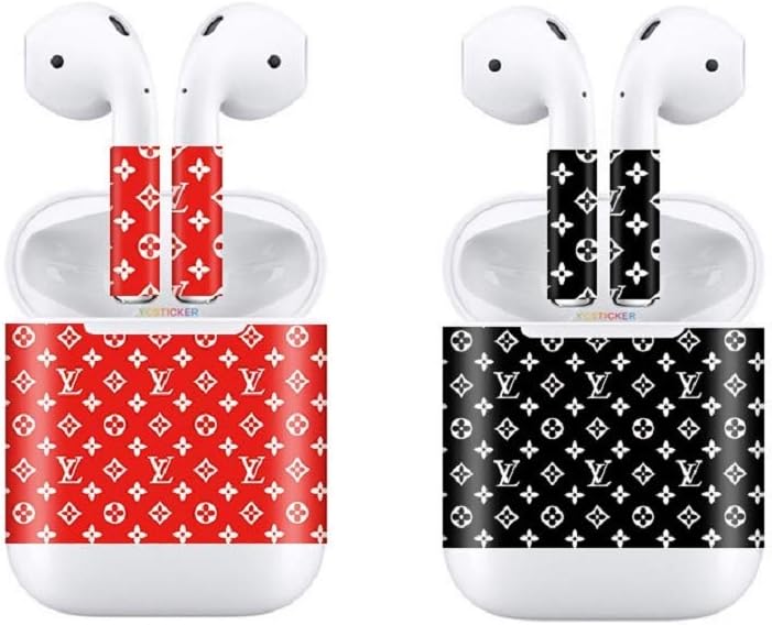 Airpod Skins Bluetooth Earphone Case Protective Sticker Wrap Cover - LV Airpods Skin Protective Wrap - Airpod Wraps - LV Airpod Skins - Airpod Skins (2 Pack) Multiple Designs (Red/Black)