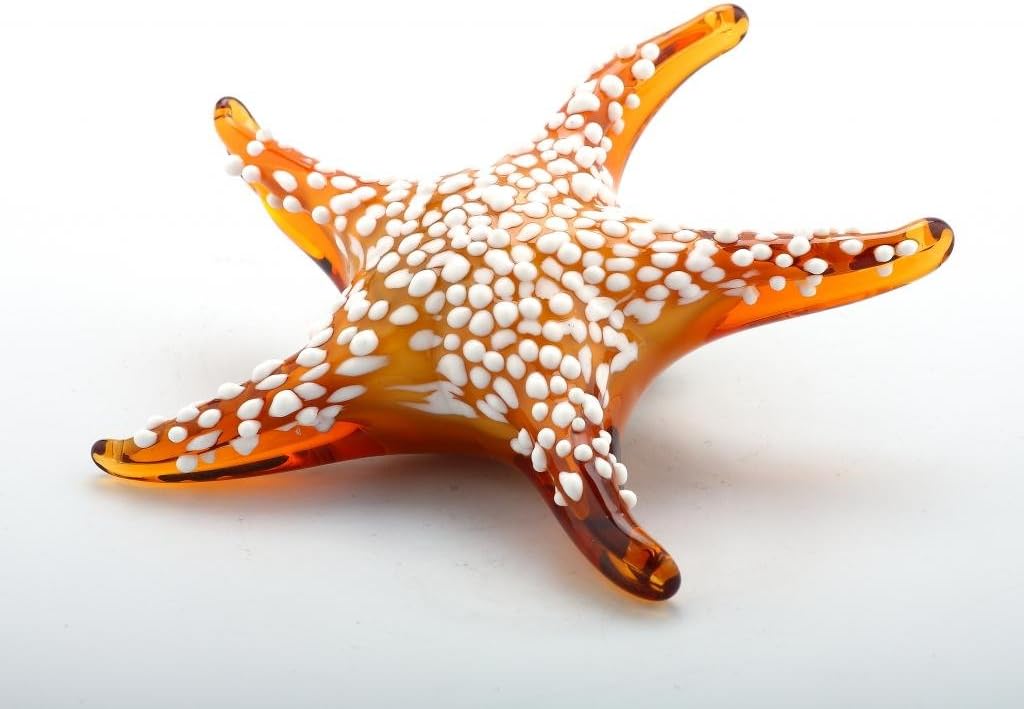 New 7" Hand Blown Art Glass Figurine Sculpture Starfish White Amber