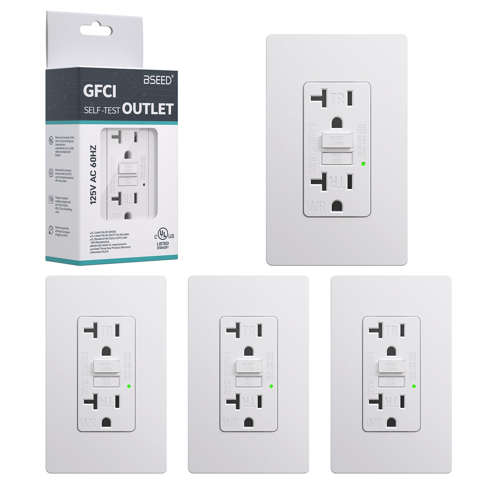 Photo 1 of BSEED GFCI Outlet 20 Amp, 4 Pack Self-Test GFI Electrical Outlet with LED Indicator, Weather & Tamper Resistant GFCI Receptacle, Ground Fault Circuit Interrupters with Wall Plate, UL Listed, White