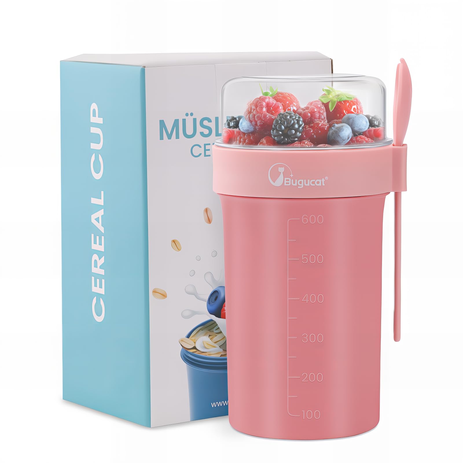 Bugucat Overnight Oats Jars 760ML + 230ML, Overnight Oats Container with Lid and Spoon, Leak-Proof yoghurt Cup＆Cereal Cup with Measurement Marks, Salad Storage Container for Milk Cereal Fruit Pink