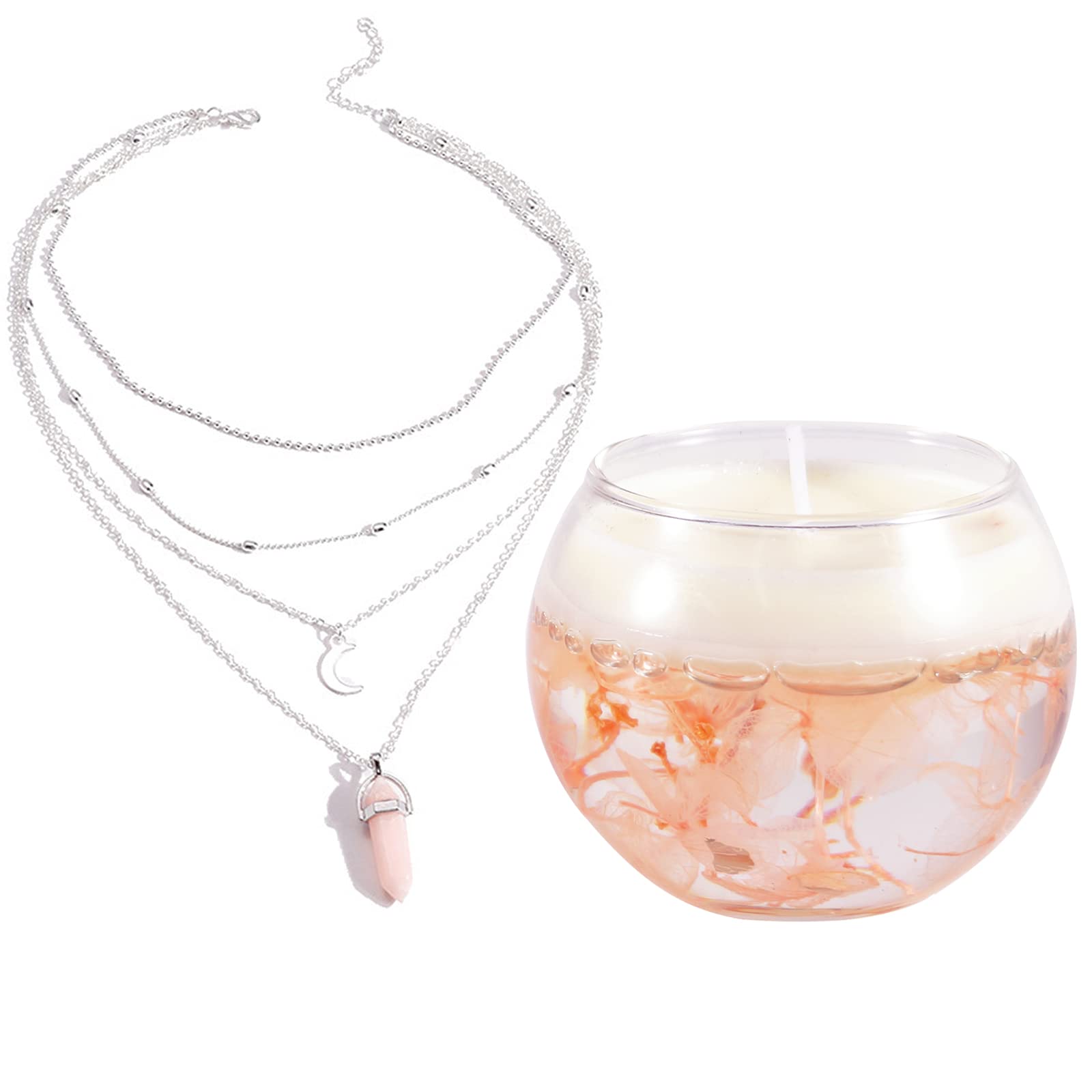 Soulnioi Organic Dried Flower Immortal Flower Scented Candle Soy Wax and Jelly Wax, and Rose Quartz Hexagon Pillar Silver Moon Multilayer Necklace, Relaxing for Bath, Yoga,Holiday Gifts