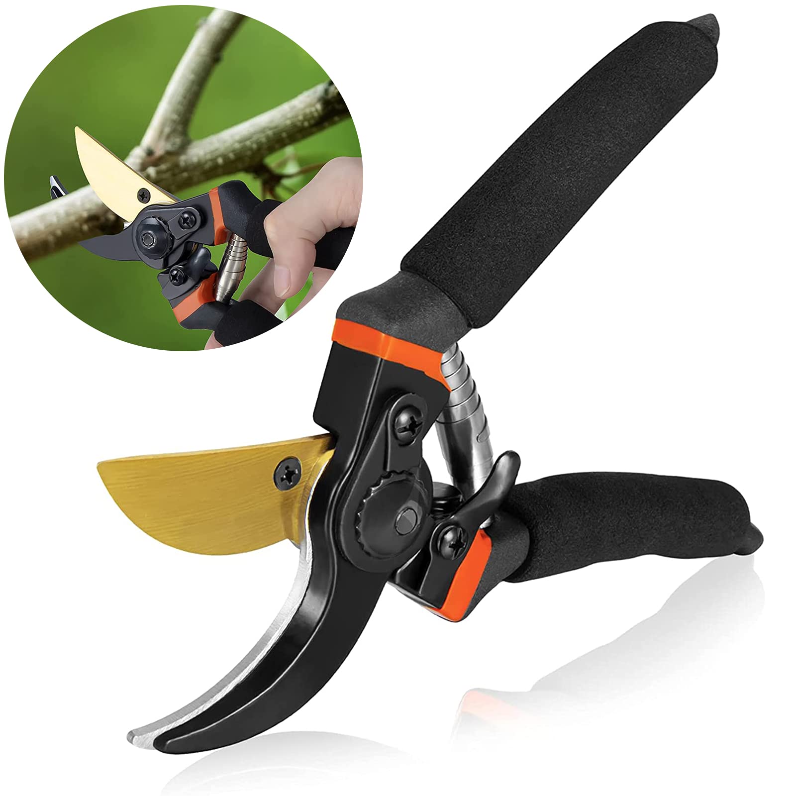 8 Inch Titanium Bypass Pruners, High-Carbon Steel Gardening Shears, Ergonomic Hand Pruning Tools for Hedges, Trees & Bonsai, Durable Gold Finish