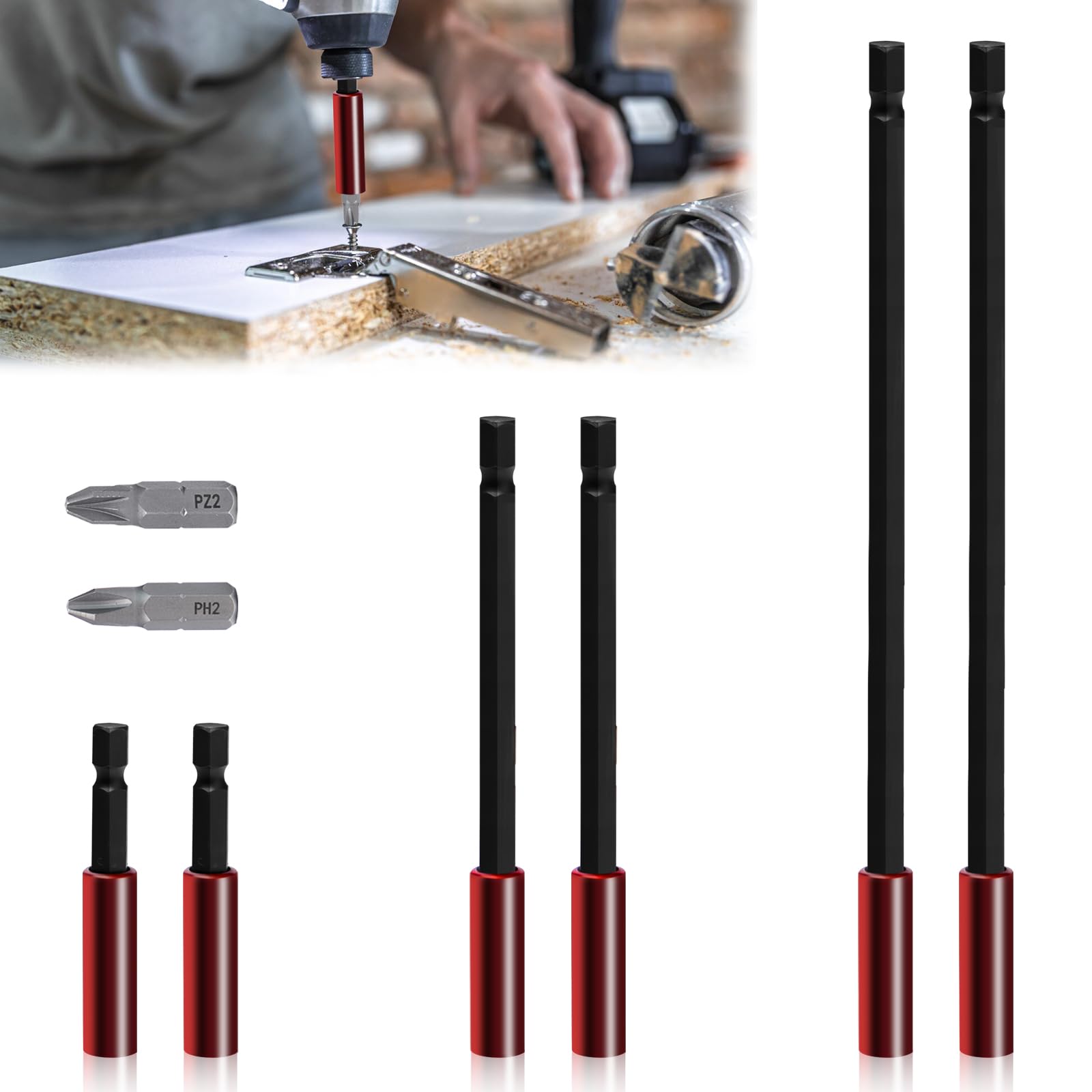 Pilikoll 8 Pcs 60mm & 150mm & 300mm 1/4" Strong Magnetic Extension Bit Holder with PZ2,PH2 Screwdriver Bits Long Impact Duty Screwdriver Drill 1/4" Hex Shank Screwdriver Bit Holder for Impact Driver