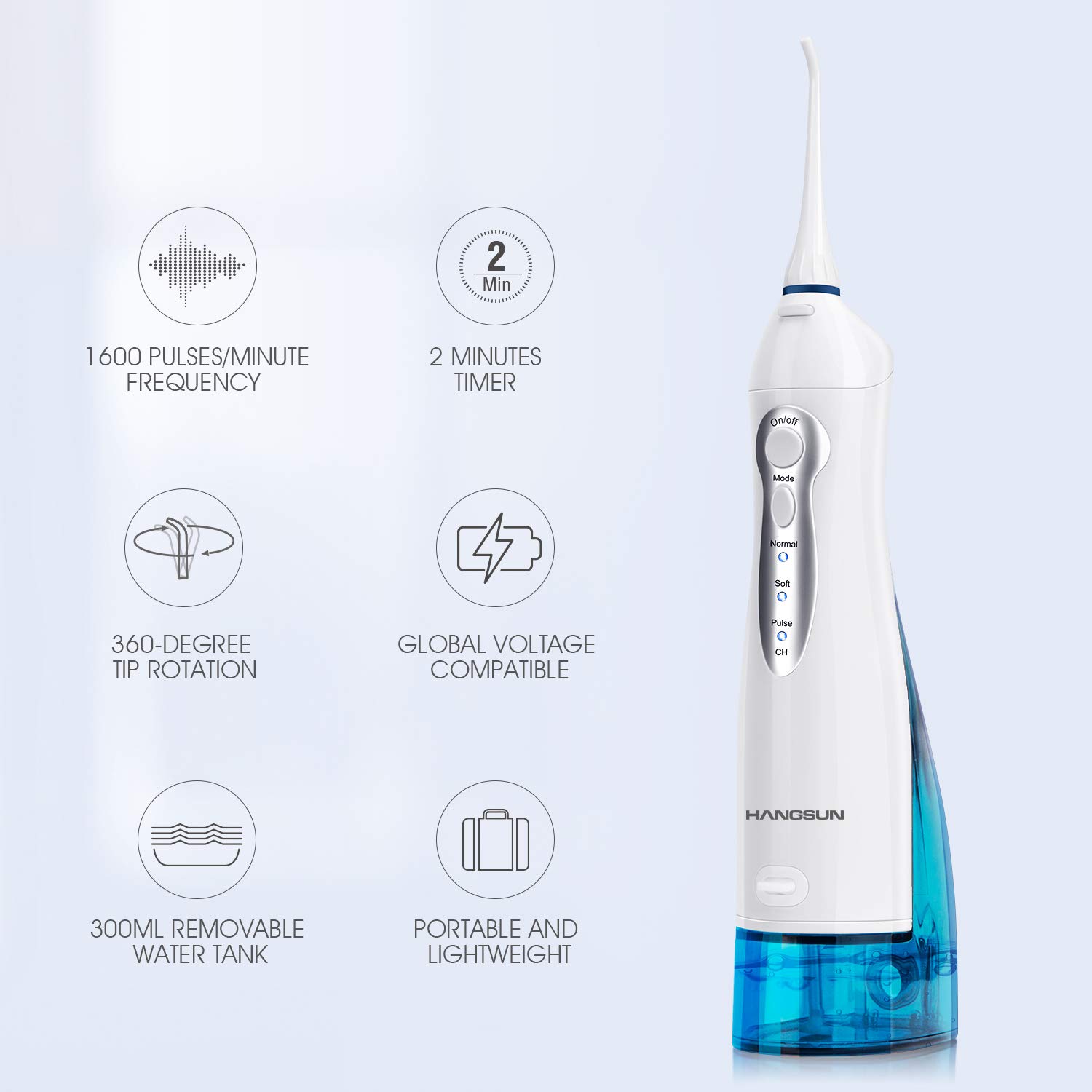 Hangsun Water Flosser Professional Cordless Rechargeable Dental Oral Irrigator Ultra Water Jet for Teeth Braces Care with 4 Jet Tips 3 Modes IPX7 Waterproof 300ML Water Tank for Travel and Home Use: Beauty