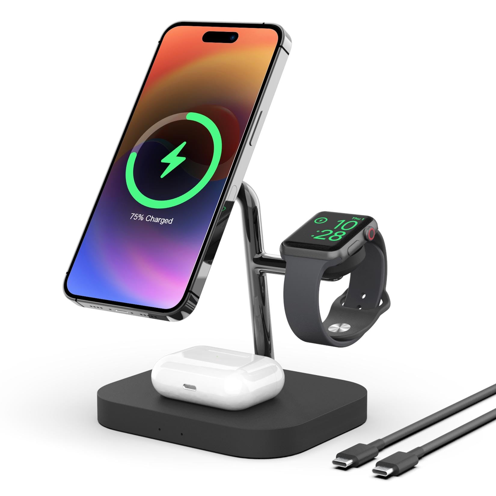 3 in 1 Wireless Charging Station for Apple Devices, MagSafe Wireless Charger stand for iPhone 17/Air/16/15/14/13/12 Series, AirPods Pro 4/3/2,Apple Watch Series/Ultra (no include plug)