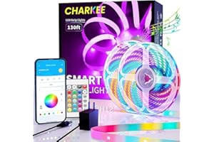 CHARKEE 130ft LED Strips Lights (65.6ft*2) Full Color Sync Music, Dimmable and Color Changing RGB LED Strip Lights, 24 Volt Bluetooth Flexible LED Lights for Bedroom,Family,DIY(Smart App+Remote)