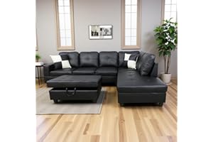 Anthato Black Leather Sectional Sofa Couch, Modern L-Shaped Couch, Modular Sectional Sofa Set, 103.5" Corner Chaise Lounge with Storage Ottoman for Living Room, Apartment, Office (Right Chaise, Black)