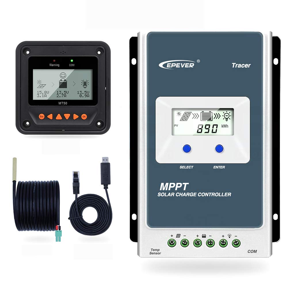 EPEVER MPPT Solar Charge Controller Tracer AN Series 10A/20A/30A/40A with 12V/24V DC Automatically Identifying System Voltage(20A+MT50+RTS+RS485)