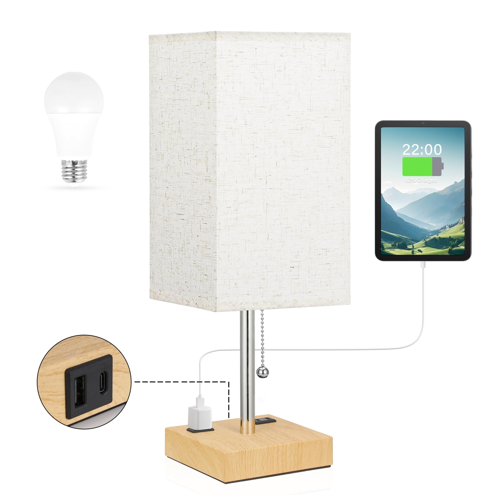 aooshine Wood Grain Small Table Lamp for Bedroom - 3 Color Temperature 3000K 5000K 4000K Bedside Lamp, Pull Chain Control, USB A and C Ports, Bulb Included Image