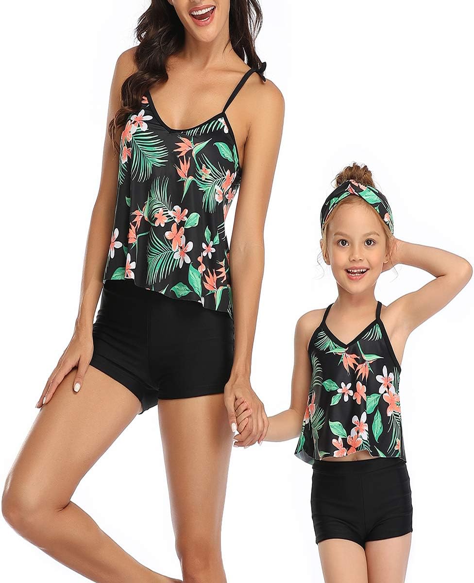 Mommy and Me Swimsuit Outfits Floral Halter Tankini Swimwear Family Matching Summer Bathing Suit