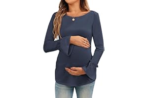 FMEYOA Women's Maternity Shirts Bell Sleeve Pregnancy Tops Casual Boat Neck Maternity Clothes