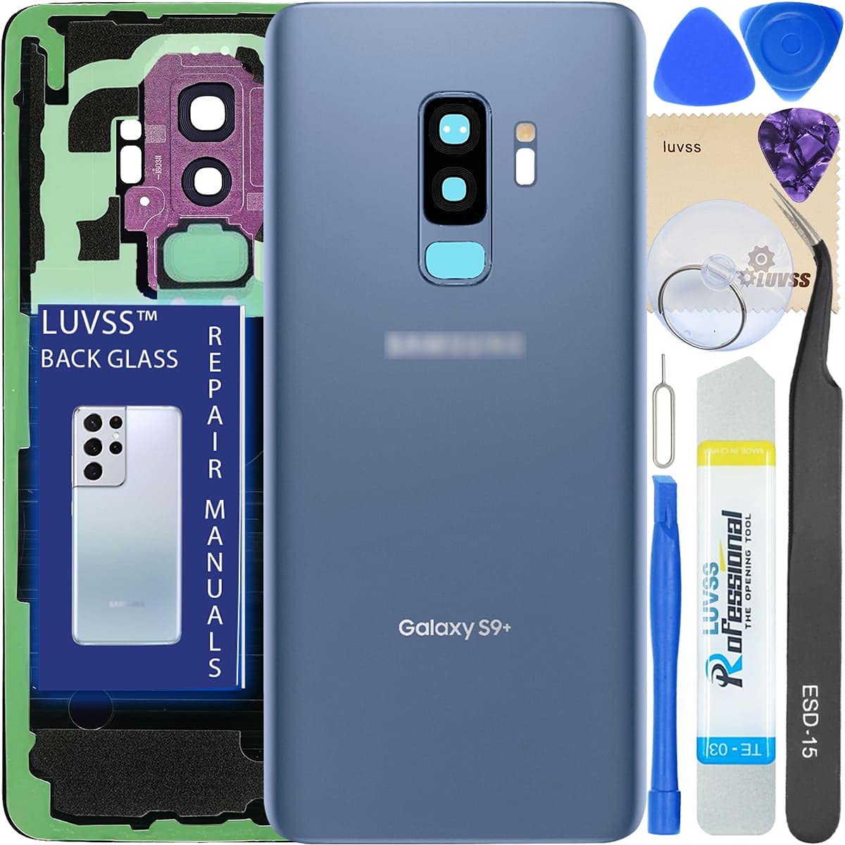LUVSS for Samsung Galaxy S9+ Plus Back Cover Rear Replacement + Camera Glass + Repair Manual Tools Kit G965F -Blue