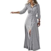 utcoco Women's 2025 Spring Summer Casual Striped Maxi Dress Button Down Shirt Dress with Belt