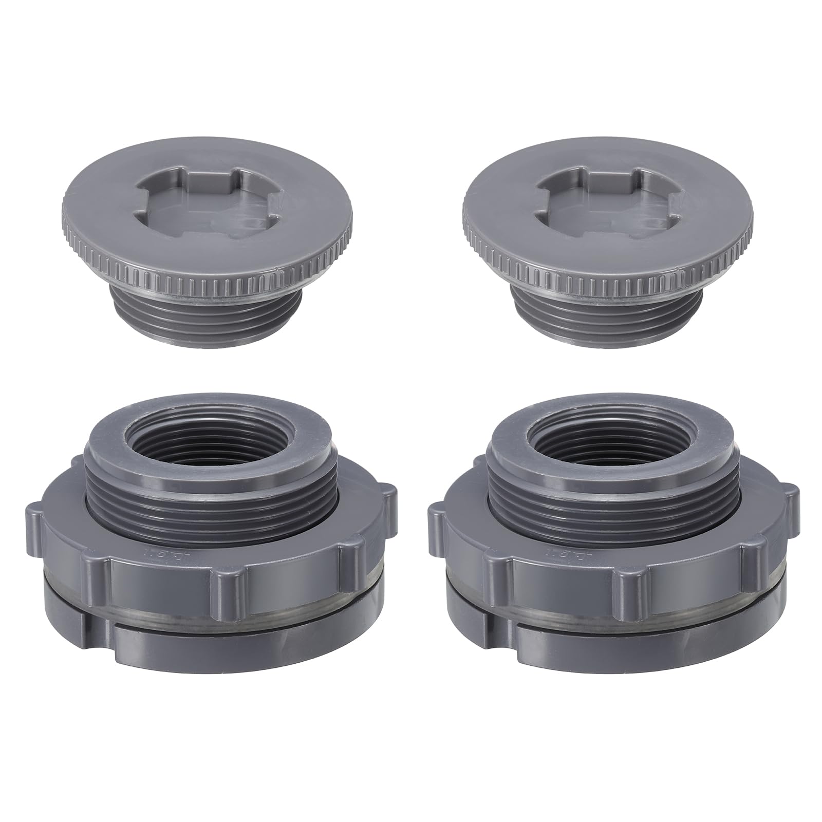 PATIKIL PVC Bulkhead Fitting with Plug NPT1-1/4, 2 Pack Bulkhead Water Tank Connector with Silicone Seal Gasket Garden Hose Fitting with Plug for Rain Bucket, Sinks, Aquariums, Gray