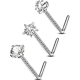 OUFER 3PCS Nose Rings Studs, G23 Solid Titanium 20G Nose Rings L-Shaped, Round/Star/Heart Shaped Sparkling CZ Nostril Piercing Jewelry for Women and Men