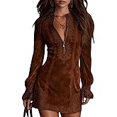 Womens Suede Dress V Neck Zip Up Lace Accent, Elegant Short Shift with Lace Trim Casual Mini Dress