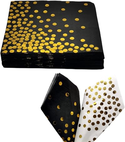 CEILIWEN 50Pcs Black and Gold Polka Dot Party Napkins 33x33 cm Cocktail Dinner