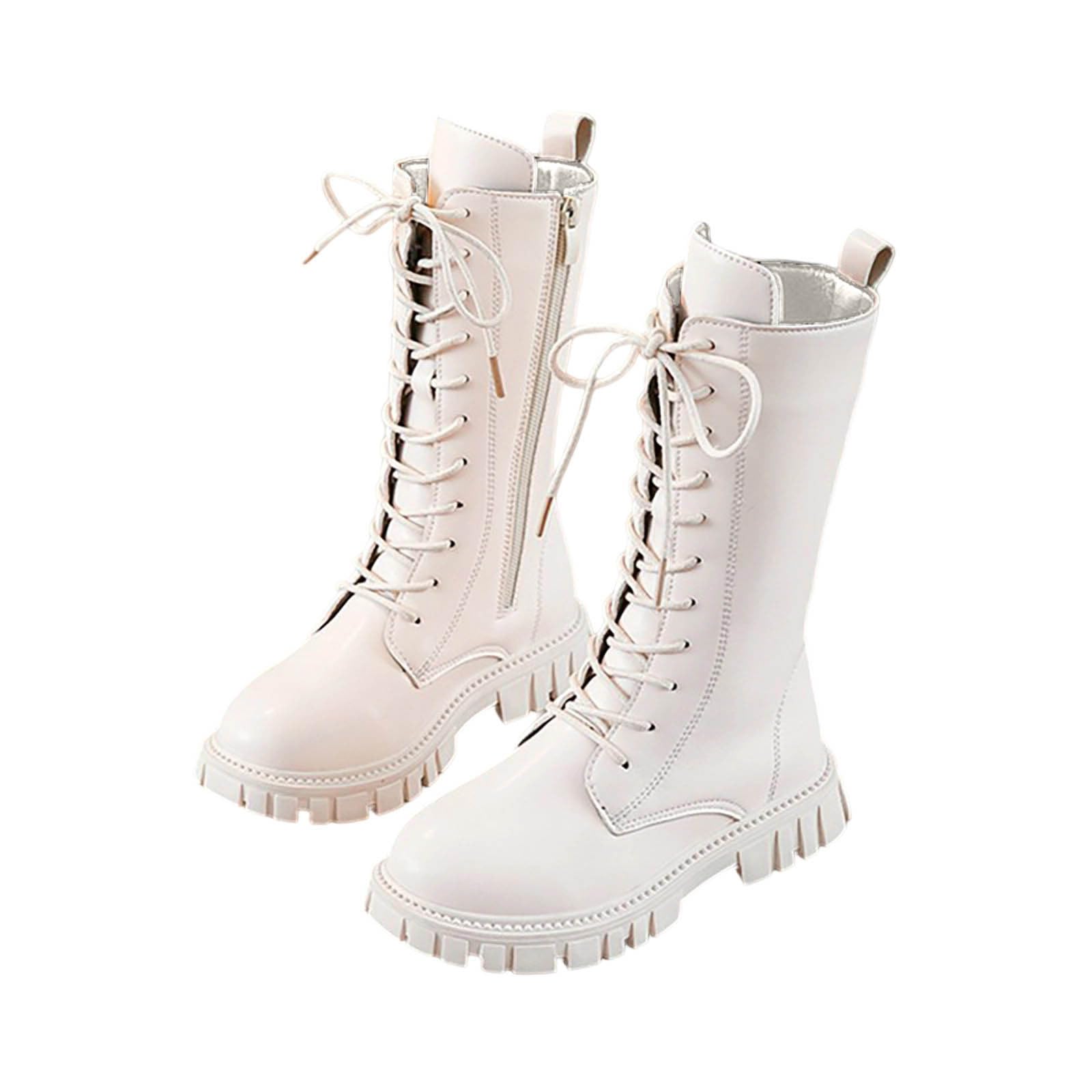 White Boots for Girls Trendy Lace up Knee High Boots Cute Riding Wide Calf Boots for School Toddler/Little/Big Kids
