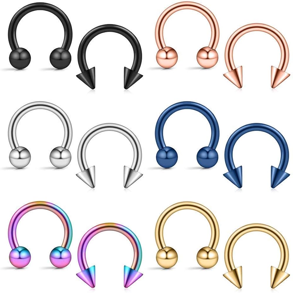 Crdifu 12pcs Stainless Steel 14G Horseshoe Nose Ring Hoop 8-14mm Septum Lip Piercing Jewellery, 10mm, 14/10 mm