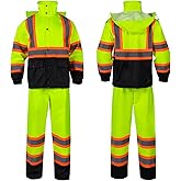Class 3 High Visibility Rain Suit With Detachable Hood Waterproof Lime Reflective Safety Worker Jacket & Pants (L/XL Yellow)