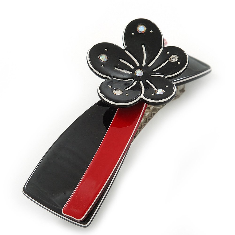 Black/Red Acrylic Crystal Flower Barrette Hair Clip Grip - 85mm Across