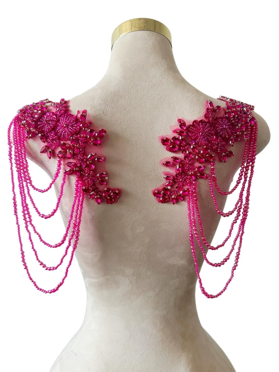 Photo 1 of 1 Pair Beaded Rhinestones Applique Embellishment for Clothes Epaulettes Shoulder Patches Sew-on Diamond Sequin Tassels Applique for Wedding Dress DIY Accessories 9.8X10.2inches (Rose red)