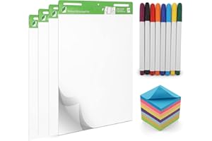 TFTAFAN Sticky Easel Pads 4 Pack Large Flip Chart Easel Pad 25 x 30 Inches, 30 Sheets/Pad with 8 Colorful Dry Erase Markers and 8 Sticky Notes White Self Stick Flip Chart Paper for Teachers and Students