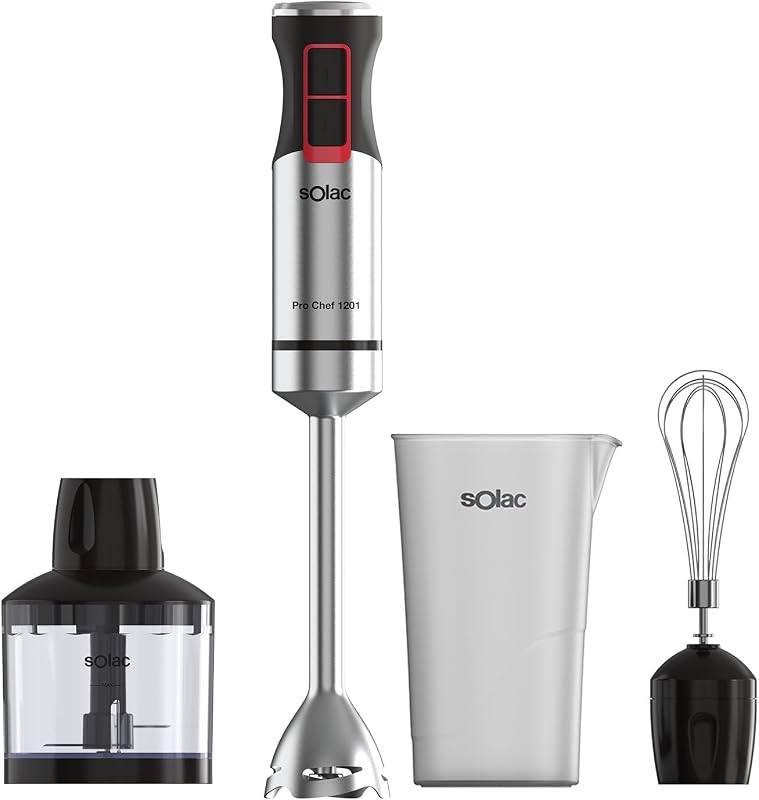 - Batidora de Mano Pro Chef 1201, 1200W, 21 Velocidades Ajustables + Turbo, 4 Cuchillas Acero Inoxidable, Pica Hielo, Antisalpicaduras, Accesorios Incluidos, Vaso Medidor, Negro y Metálico
