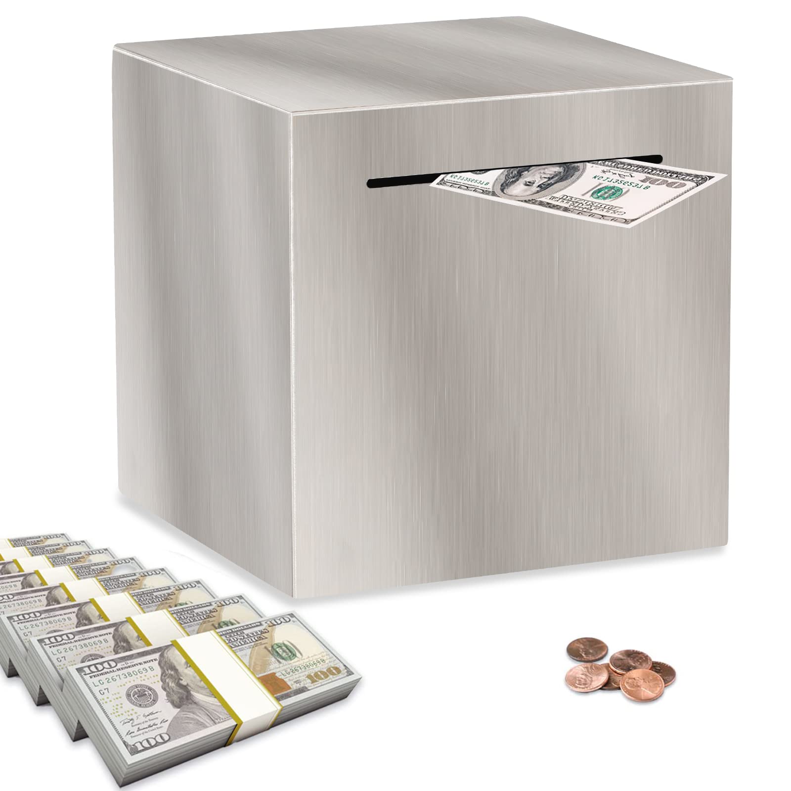 Piggy Bank for Adults, Stainless Steel Savings Bank for Adults, Piggy Bank Must Break to Open, Cash Coin Saving Box (4.72inch, Silver)