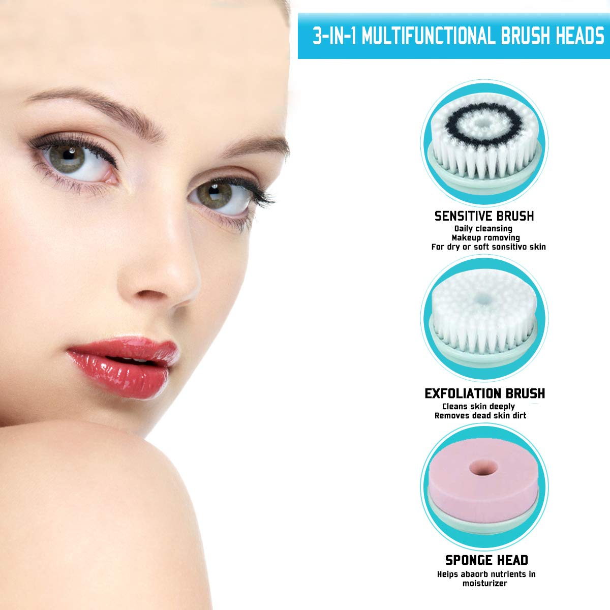 Gackoko Facial Cleansing Brush- Latest advanced cleasing Technology & 3 Brush Heads-USB Rechargeable Electric Rotating Face- IPX6 Waterproof-Advanced Face Spa System for Exfoliating Deep clease (Blue): Beauty