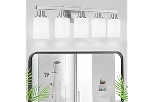 DIKAIDA 5-Light Bathroom Vanity Light, 30" Nickel Bathroom Light Fixtures with Milky White Glass Shade, Modern Wall Lights Over Mirror, Wall Sconces Lighting for Bedroom Living Room
