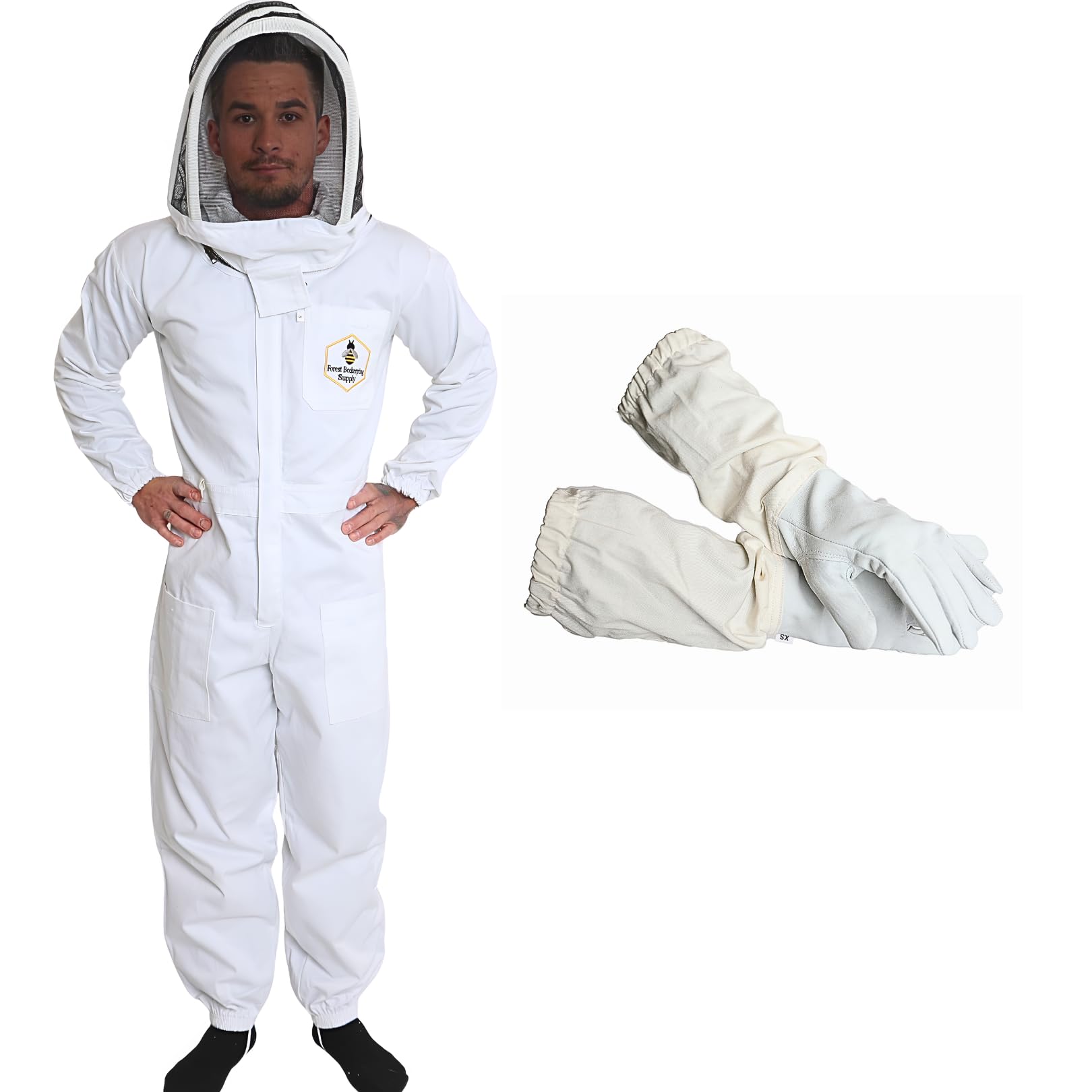 FOREST BEEKEEPING SUPPLY Premium Cotton Beekeeping Suit with Fencing Veil Suitable for Beginner & Commercial Beekeepers Brass Zippers Thumb Straps Hive Tool Pockets-Medium