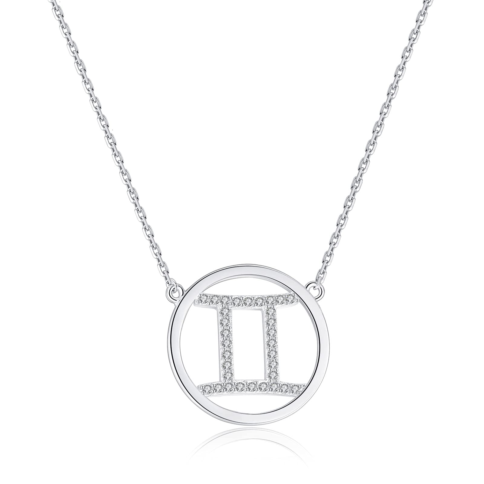 Qings Gemini Constellation Zodiac Necklace for Women Fashion Round Horoscope Astrology Pendant Necklaces with 5A Cubic Zirconia, Galaxy Jewelry Simple Birthday Best Gifts for Teen Girls