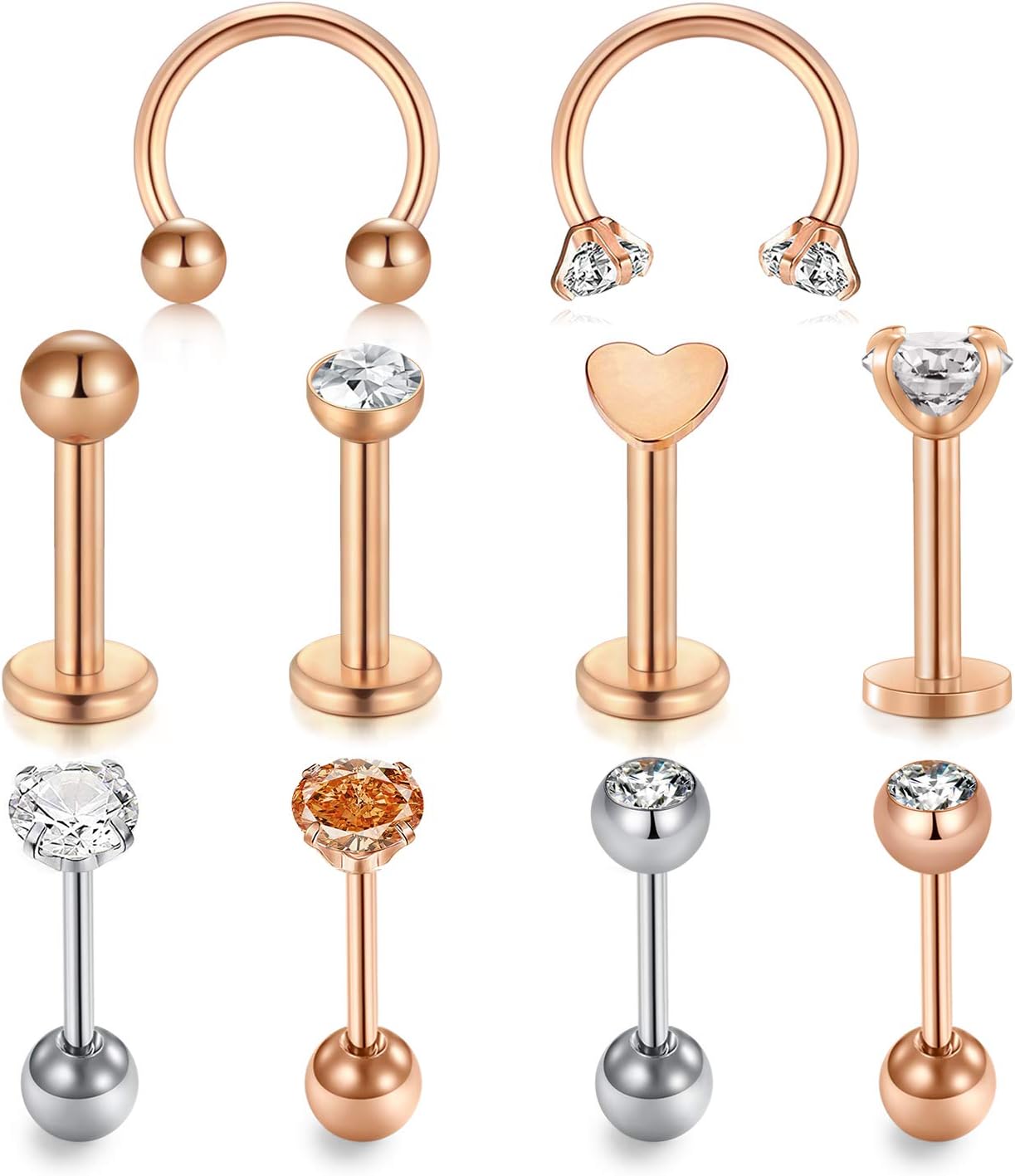 Mayhoop 16G Lip Bars Helix Tragus Cartilage Earrings Piercing Stainless Steel CZ Horseshoe Barbell Labret Studs Monroe Lip Rings Clicker Rings Hoop Piercing Jewelry 6-24Pcs