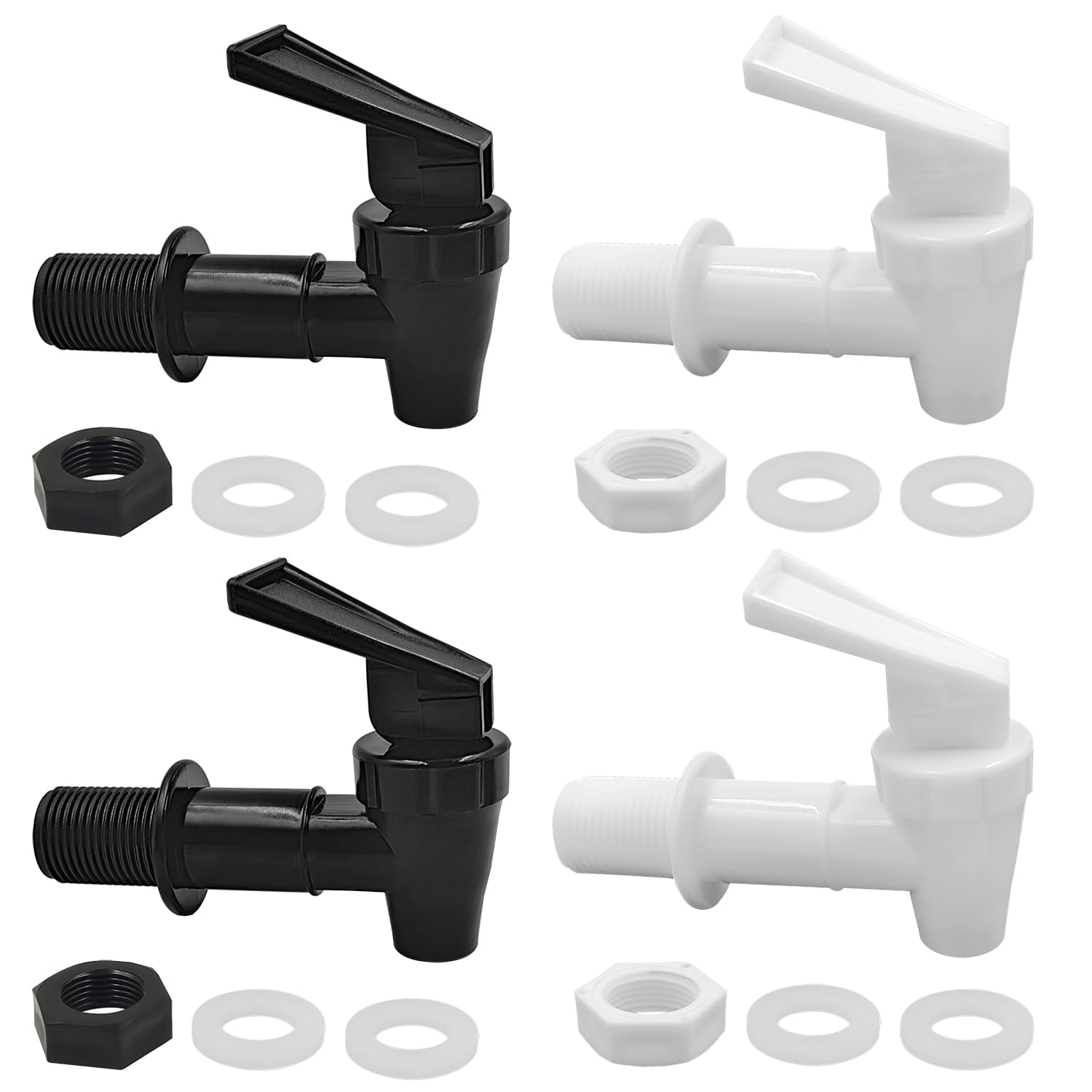 4 Pcs Universal Water Dispenser Tap Replacement, Replacement Cooler Faucet, Plastic Push Type Dispenser Faucets, Dispenser Tap Set for Hot Cold Water Beer Wine Juice Bottle Bucket (Black, White)