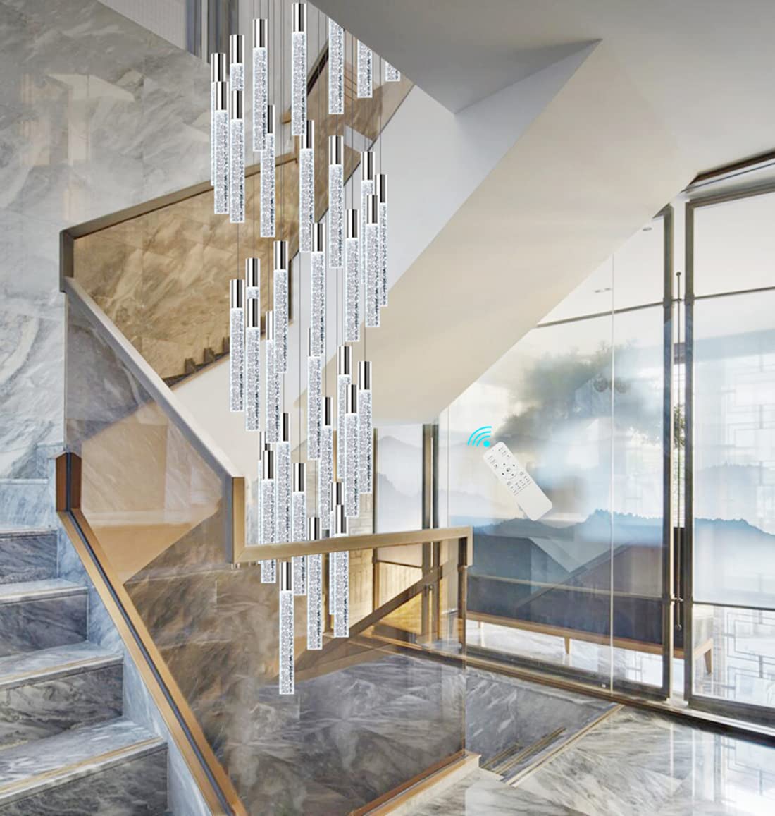 Photo 1 of HAIXIANG LED Chandelier Modern Glam Crystal High Ceiling Chandeliers Remote Dimmable Light 196 Inch Long Lights Fixtures Adjustable Lighting 36-Lights Silver