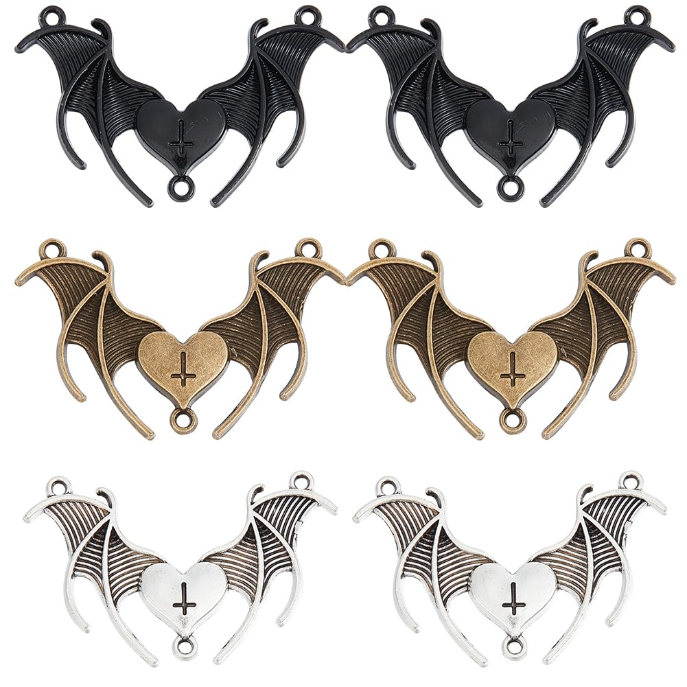 SUNNYCLUE 1 BOX 30PCS Black Bat Connector Charms Heart Charms Halloween Gothic Vampire Wing Double Loops Silver Bronze Black Link Charm Bulk for Jewellery Making Charms Earrings Necklace Diy Crafts